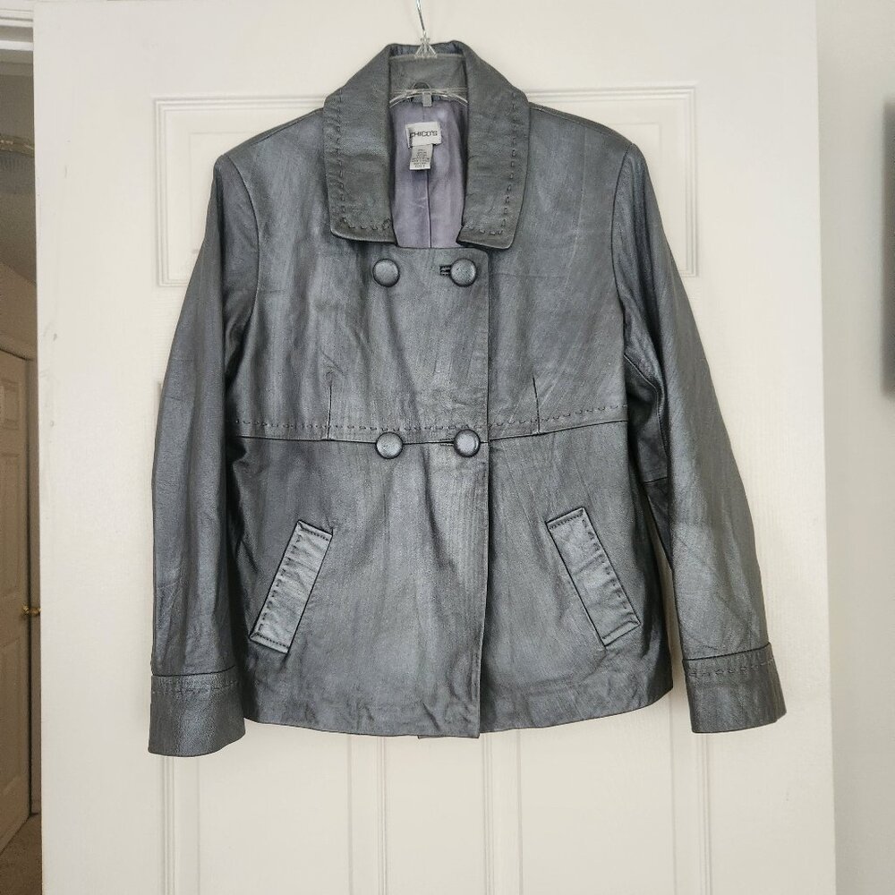 CHICO'S women's jacket 100% Genuine Leather Gray/Silver size 2 2-sides